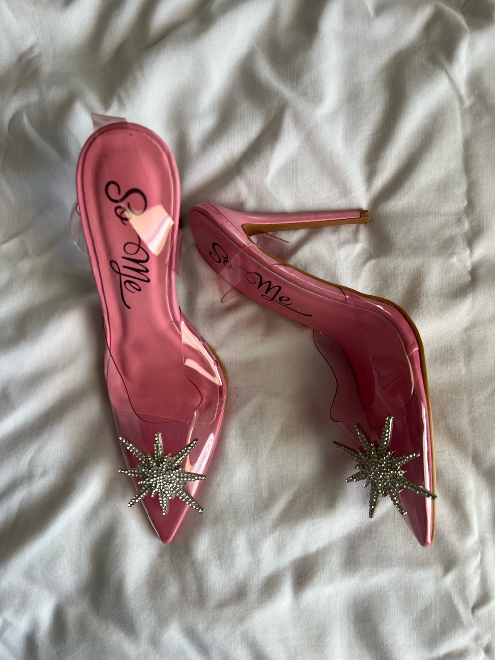 So Me Pink Pointed PVC Stiletto Heels with Rhinestone Starburst